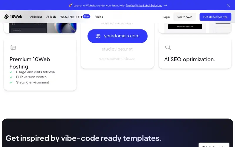 Screenshot of 10web.io, further down the homepage