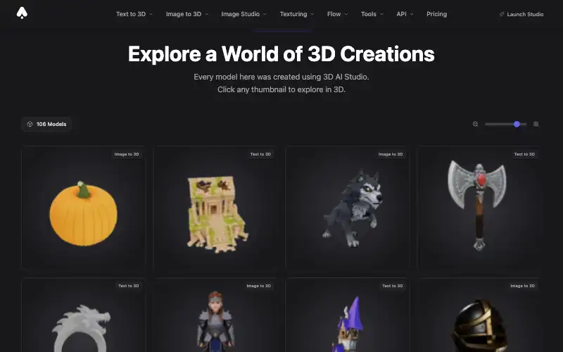Screenshot of 3daistudio.com, further down the homepage