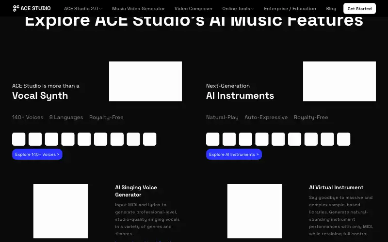 Screenshot of acestudio.ai, further down the homepage