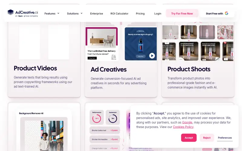 Screenshot of adcreative.ai, further down the homepage