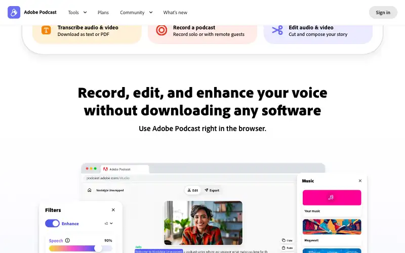 Screenshot of podcast.adobe.com, further down the homepage