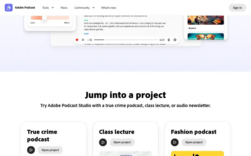 Screenshot of podcast.adobe.com, further down the homepage