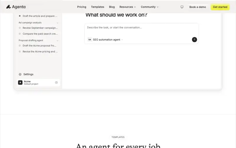 Screenshot of agenta.ai, further down the homepage