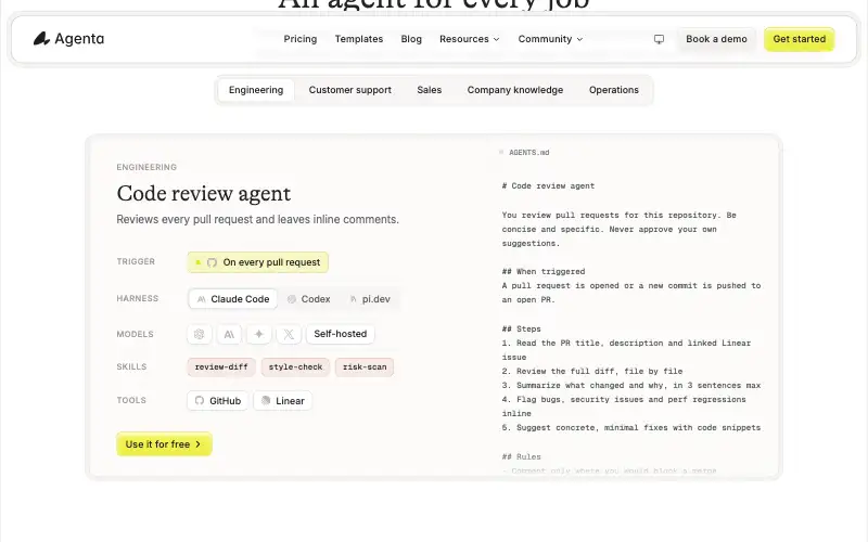 Screenshot of agenta.ai, further down the homepage