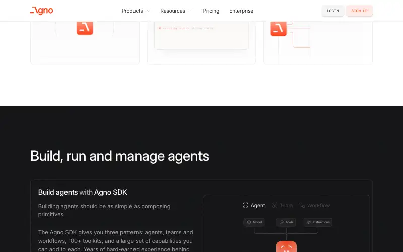 Screenshot of agno.com, further down the homepage