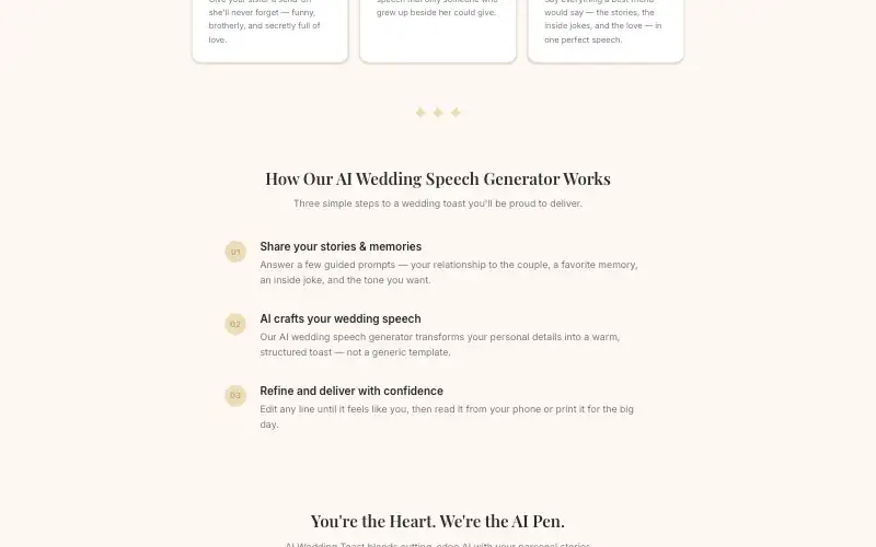 Screenshot of aiweddingtoast.com, further down the homepage