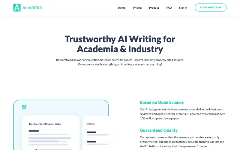 Screenshot of ai-writer.com, further down the homepage