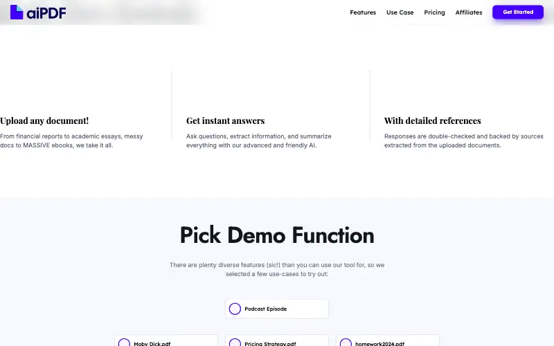 Screenshot of aipdf.ai, further down the homepage