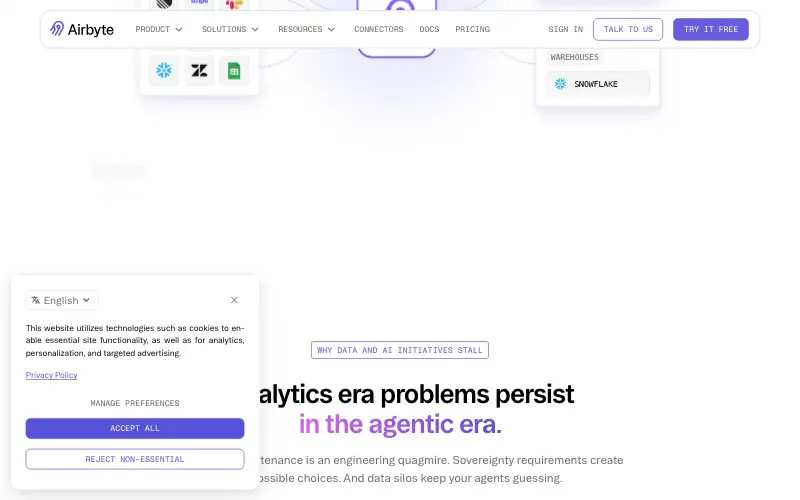Screenshot of airbyte.com, further down the homepage