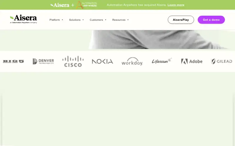 Screenshot of aisera.com, further down the homepage