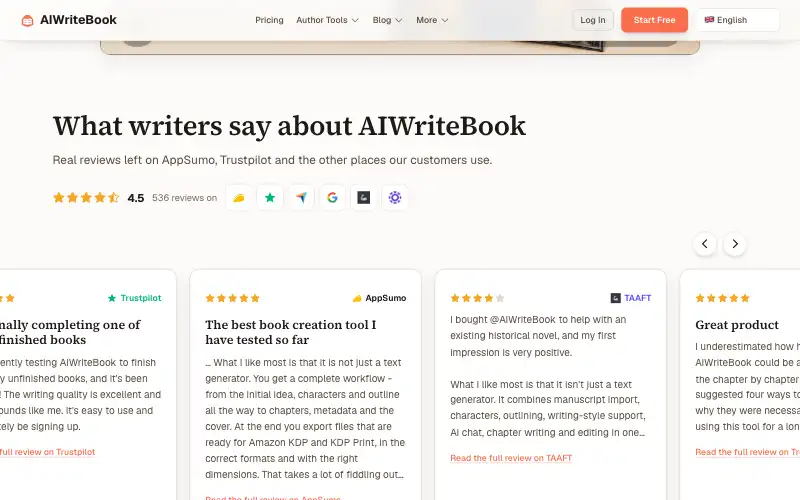 Screenshot of aiwritebook.com, further down the homepage