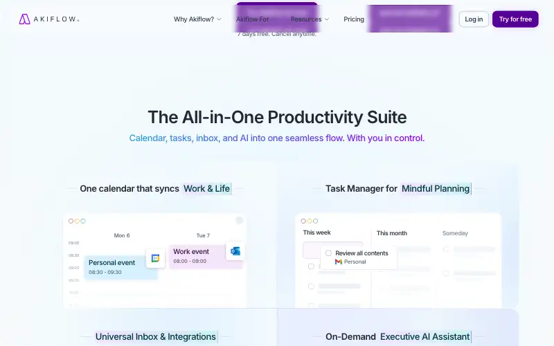 Screenshot of akiflow.com, further down the homepage