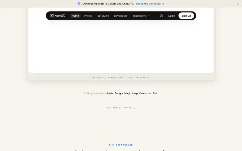 Screenshot of alpha3d.io, further down the homepage