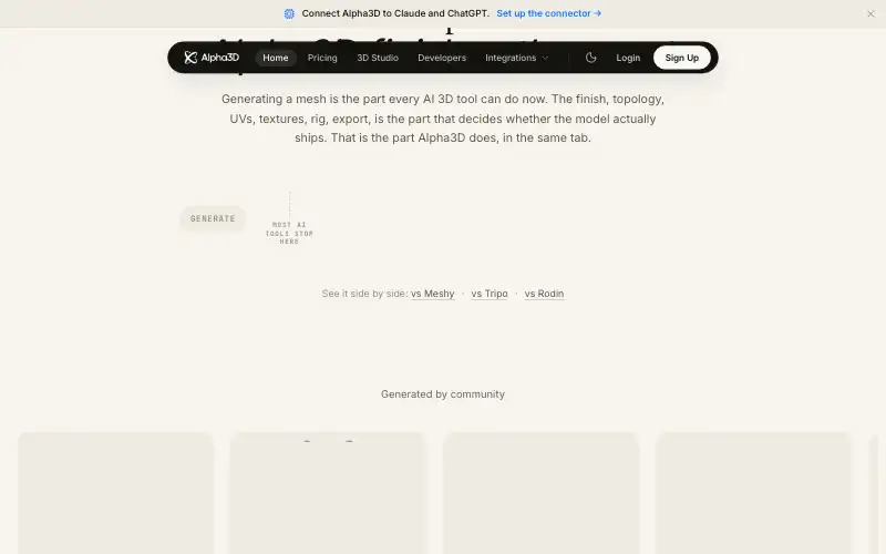 Screenshot of alpha3d.io, further down the homepage