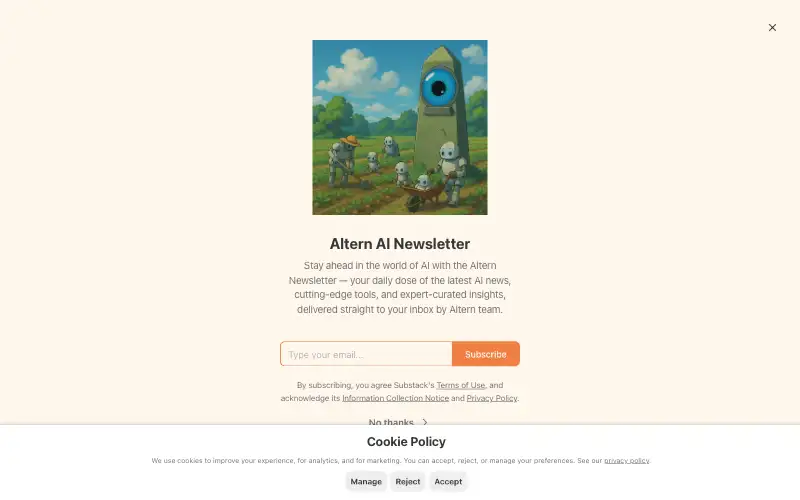 Screenshot of newsletter.altern.ai, further down the homepage
