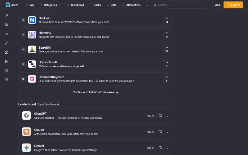 Screenshot of altern.ai, further down the homepage