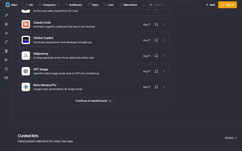 Screenshot of altern.ai, further down the homepage