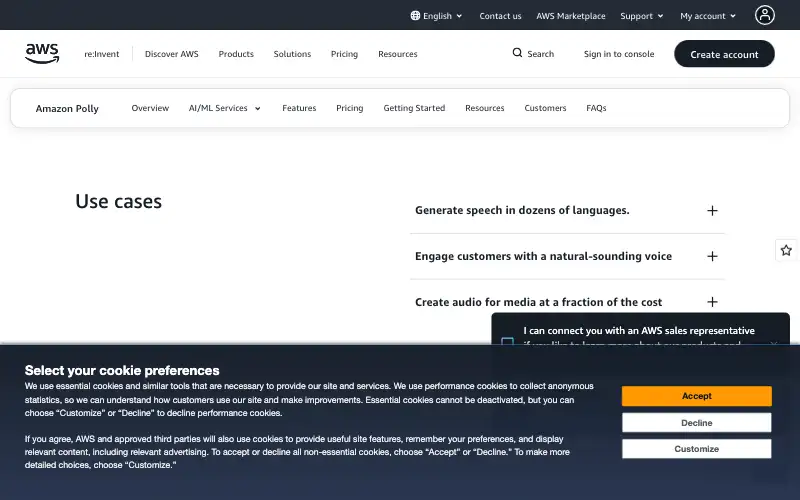 Screenshot of aws.amazon.com, further down the homepage