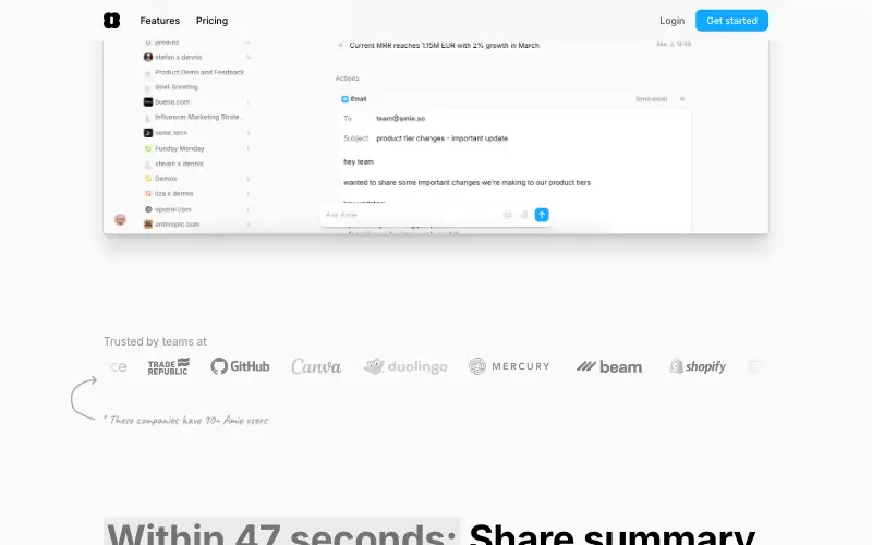 Screenshot of amie.so, further down the homepage