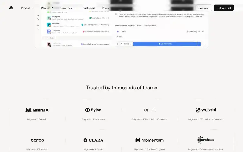 Screenshot of amplemarket.com, further down the homepage
