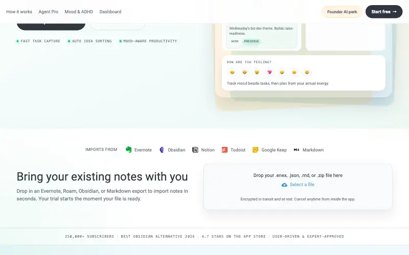 Screenshot of amplenote.com, further down the homepage
