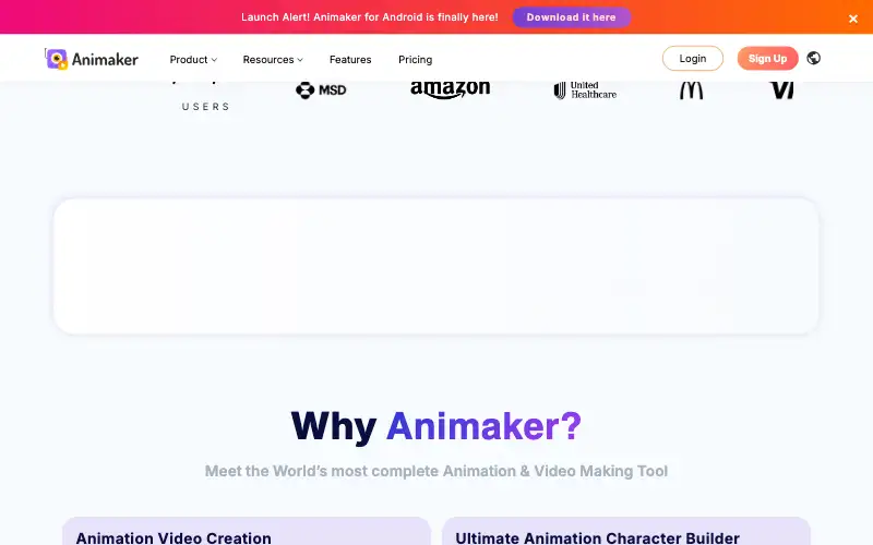 Screenshot of animaker.com, further down the homepage