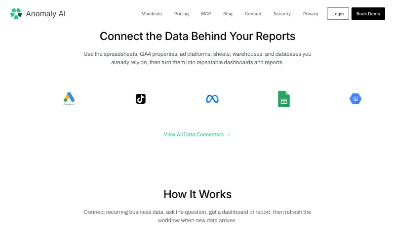 Screenshot of findanomaly.ai, further down the homepage