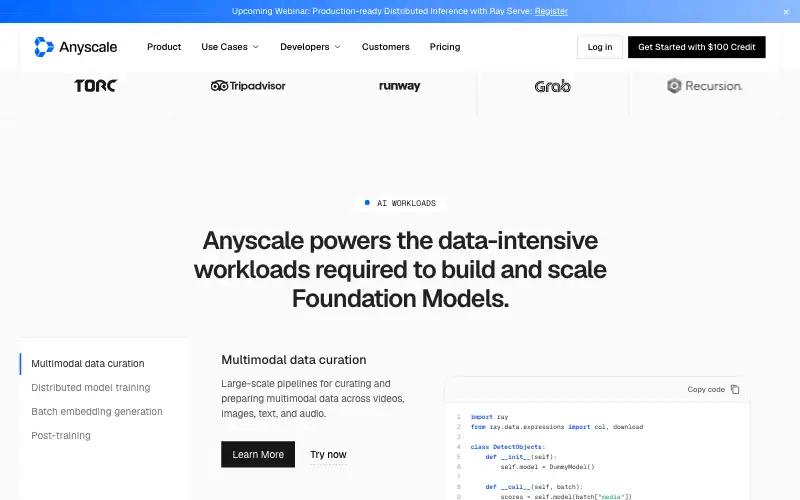 Screenshot of anyscale.com, further down the homepage