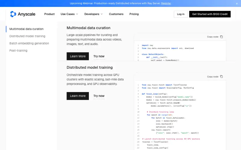 Screenshot of anyscale.com, further down the homepage