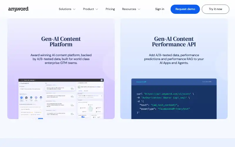 Screenshot of anyword.com, further down the homepage