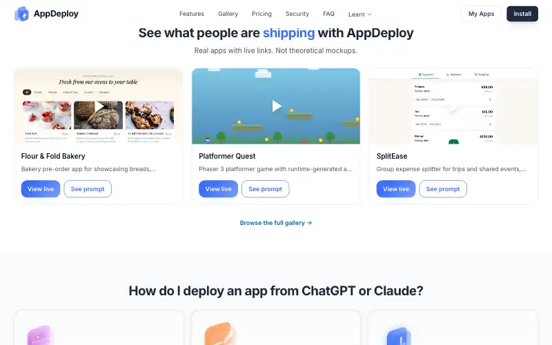 Screenshot of appdeploy.ai, further down the homepage