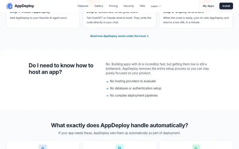 Screenshot of appdeploy.ai, further down the homepage