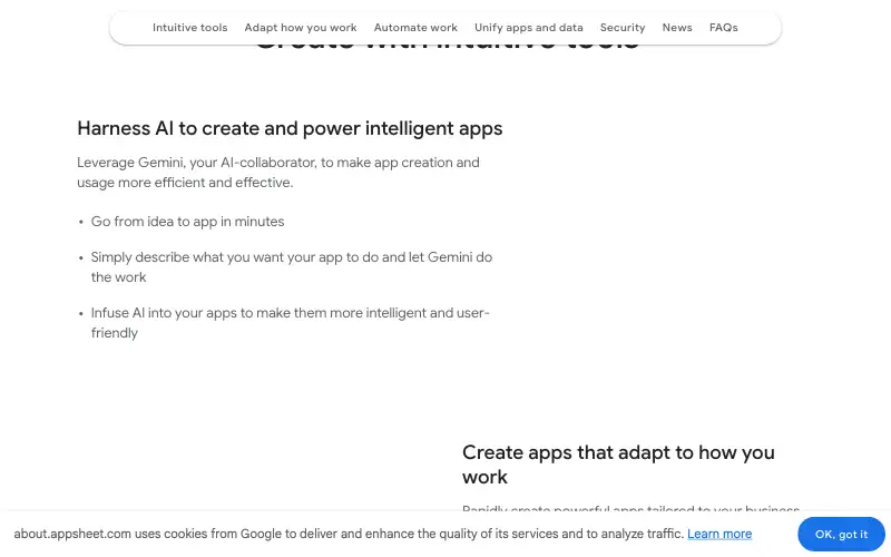 Screenshot of appsheet.com, further down the homepage