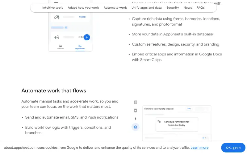 Screenshot of appsheet.com, further down the homepage
