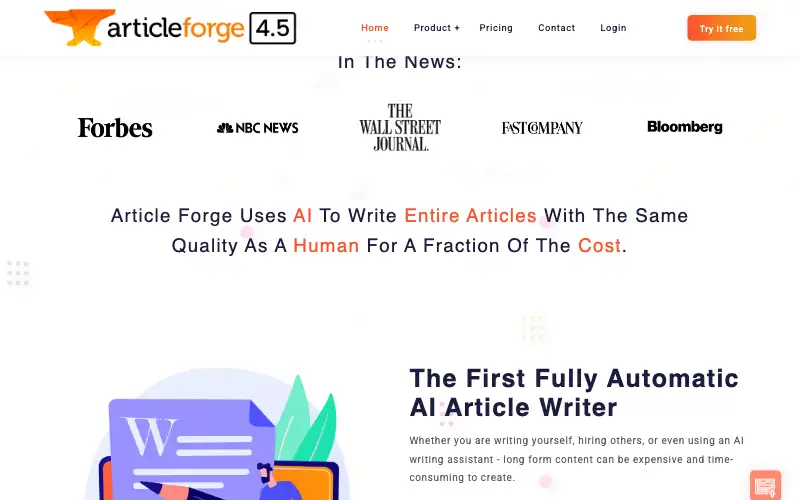 Screenshot of articleforge.com, further down the homepage