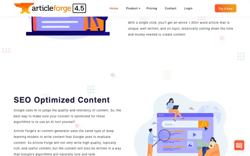 Screenshot of articleforge.com, further down the homepage