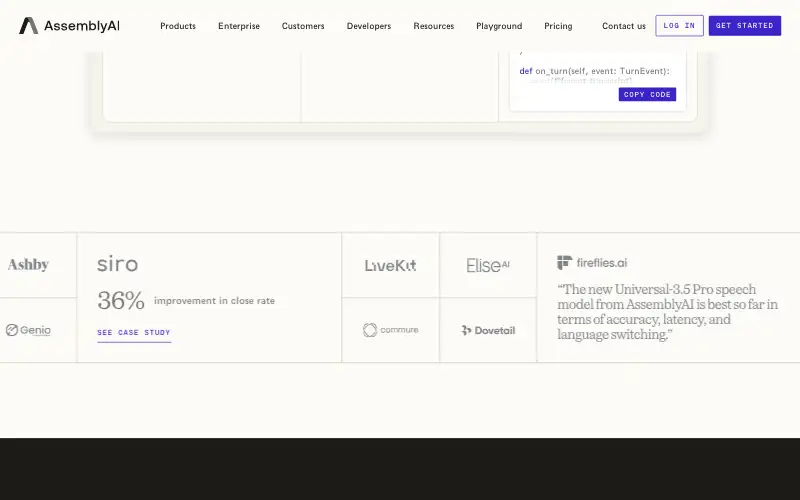 Screenshot of assemblyai.com, further down the homepage