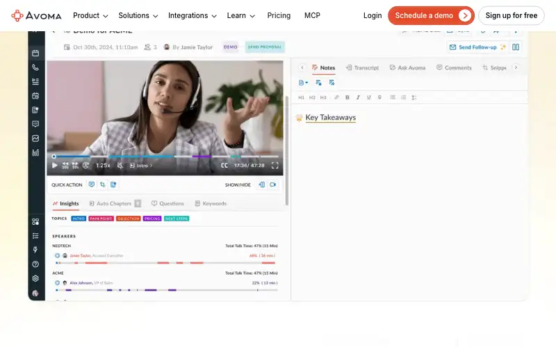 Screenshot of avoma.com, further down the homepage