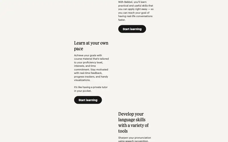 Screenshot of babbel.com, further down the homepage