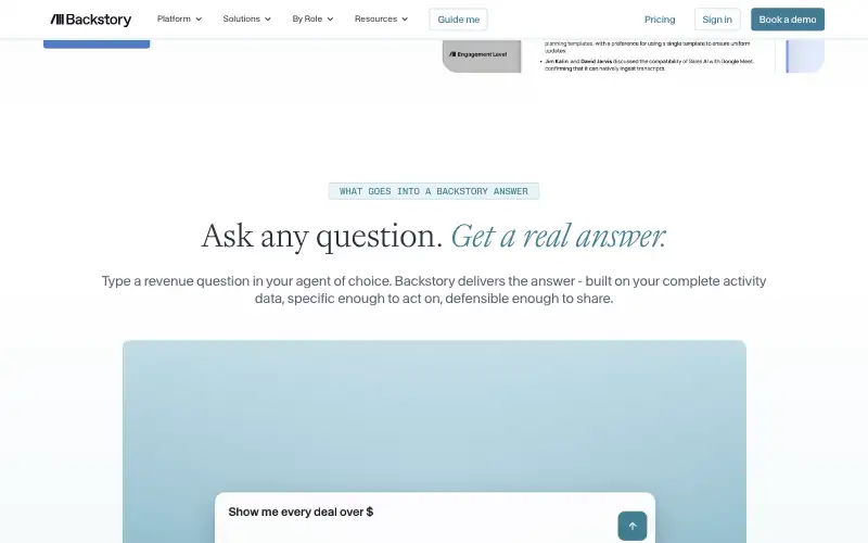 Screenshot of backstory.ai, further down the homepage