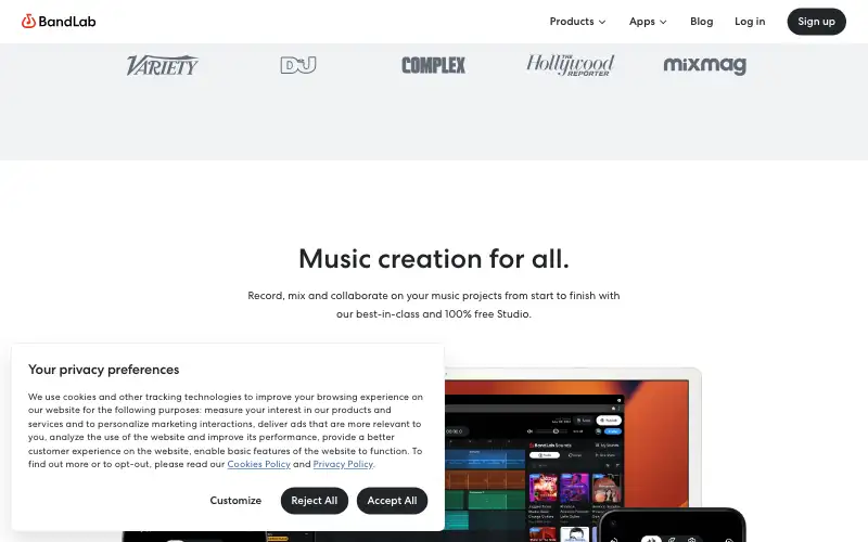 Screenshot of bandlab.com, further down the homepage