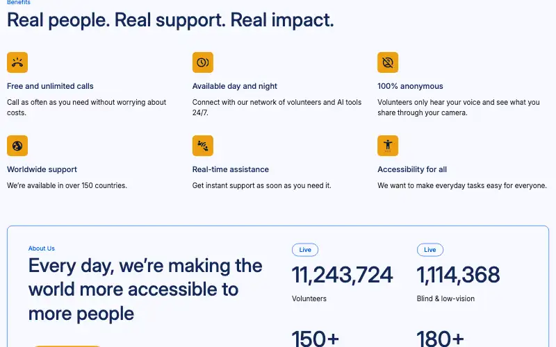 Screenshot of bemyeyes.com, further down the homepage