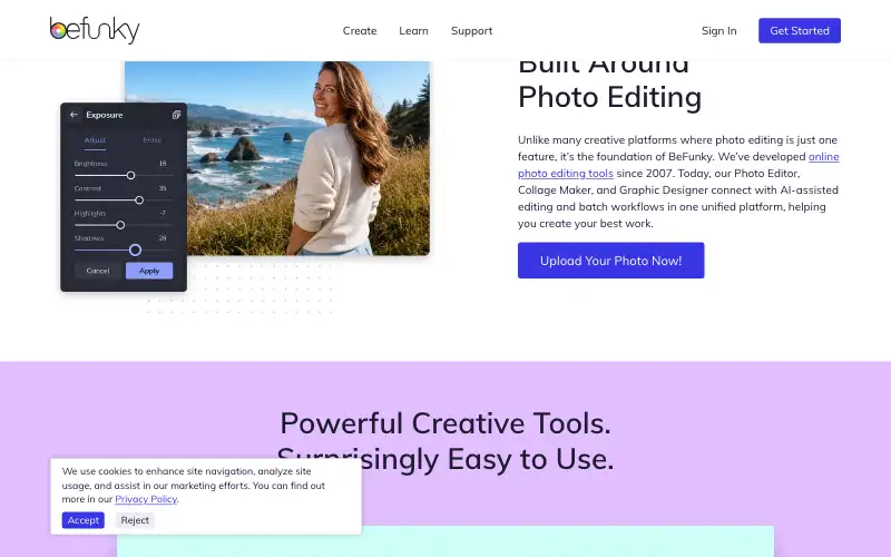 Screenshot of befunky.com, further down the homepage