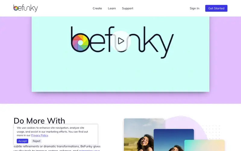 Screenshot of befunky.com, further down the homepage