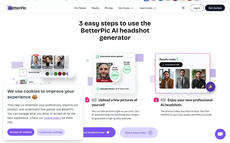 Screenshot of betterpic.io, further down the homepage