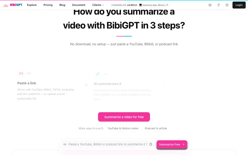 Screenshot of bibigpt.co, further down the homepage