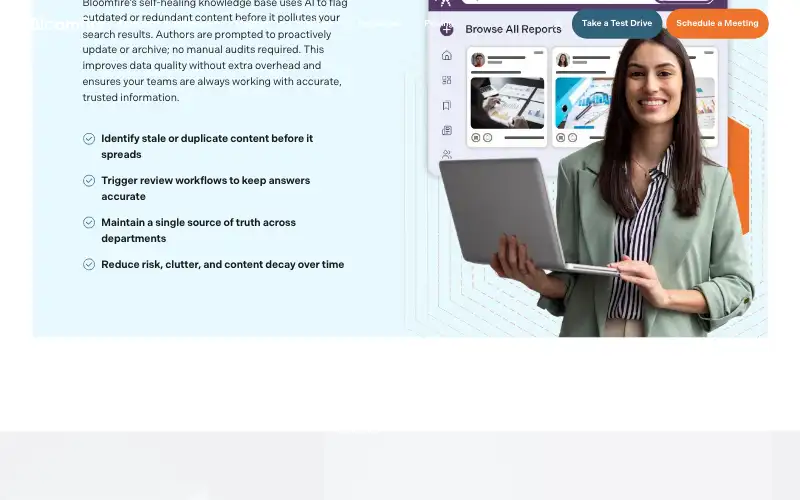 Screenshot of bloomfire.com, further down the homepage