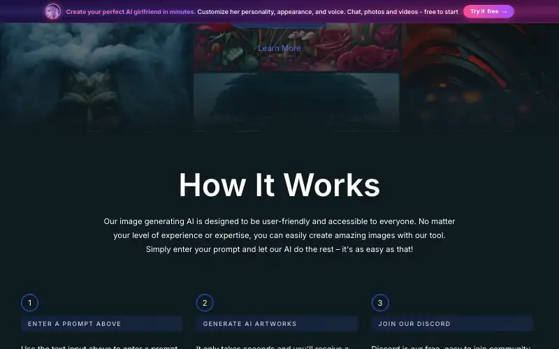 Screenshot of bluewillow.ai, further down the homepage