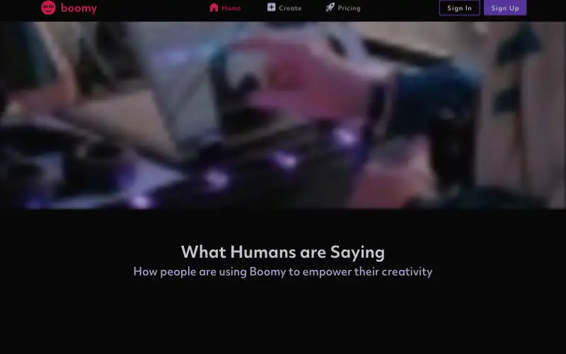Screenshot of boomy.com, further down the homepage