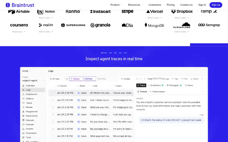 Screenshot of braintrust.dev, further down the homepage